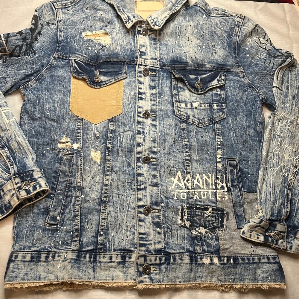 Smoke Rise Denim Jacket Mens L Blue Acid Wash Distressed Paint Splatter‎ Graphic - Picture 5 of 9